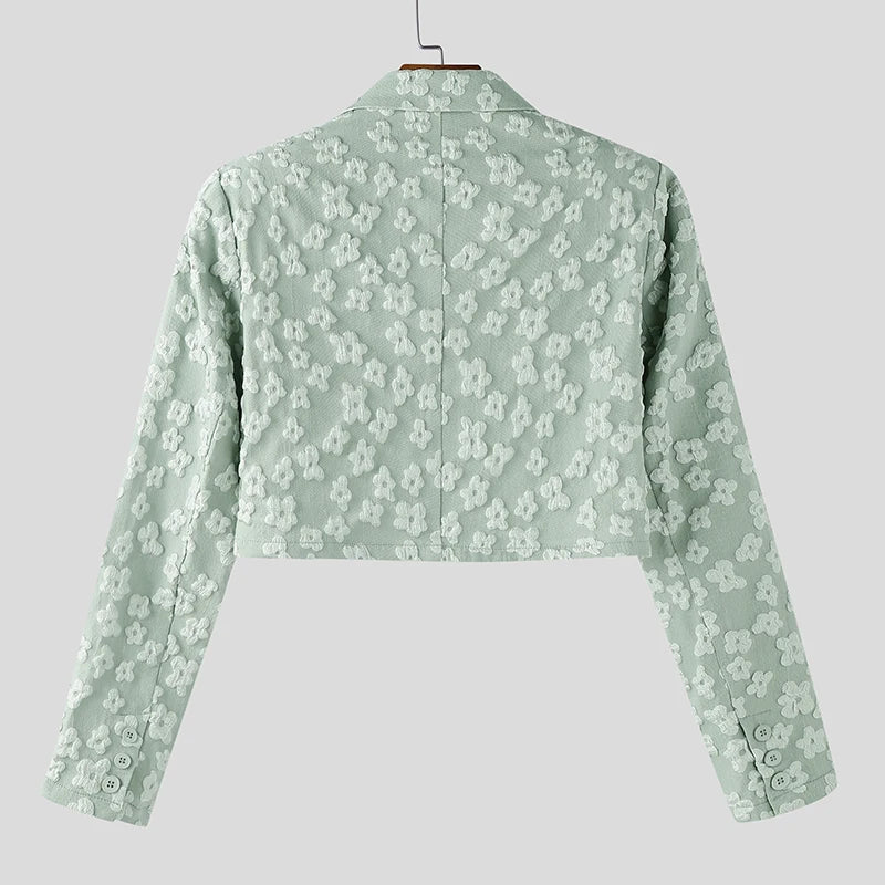 INCERUN Men Blazer Flower Jacquard Lapel Long Sleeve Crop Coats Men Streetwear Autumn 2025 One Button Fashion Casual Male Suit