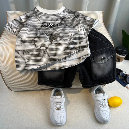 Hot Sale Fashion Baby Boy Suit Summer Clothes Short Sleeve T-shirt Short Jeans 2 Piece Set Kids Outfit 2-11Y Children's Costume