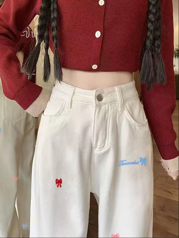 Bow Print Women's High Waist Thin Fashionable Loose Wide Leg Jeans for Spring and Summer Slim Fit High Waist Jeans for Women