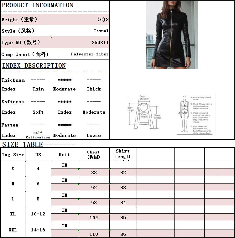 Glossy PU Leather Sexy Fashionable Zipper Dress Slim Fit Long Sleeved Leather Frock With Buttocks Wrapped Vestidos Para Mujer