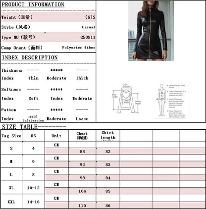 Glossy PU Leather Sexy Fashionable Zipper Dress Slim Fit Long Sleeved Leather Frock With Buttocks Wrapped Vestidos Para Mujer