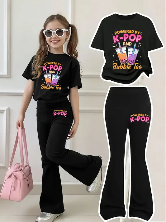 5-12 Year Old Girls' Trendy Milk Tea Outfit: Black Crew Neck T-Shirt with Colorful Printed K-Pop Letters + Gradient Bubble Tea, Cute Pattern Flared Pants Casual Clothes