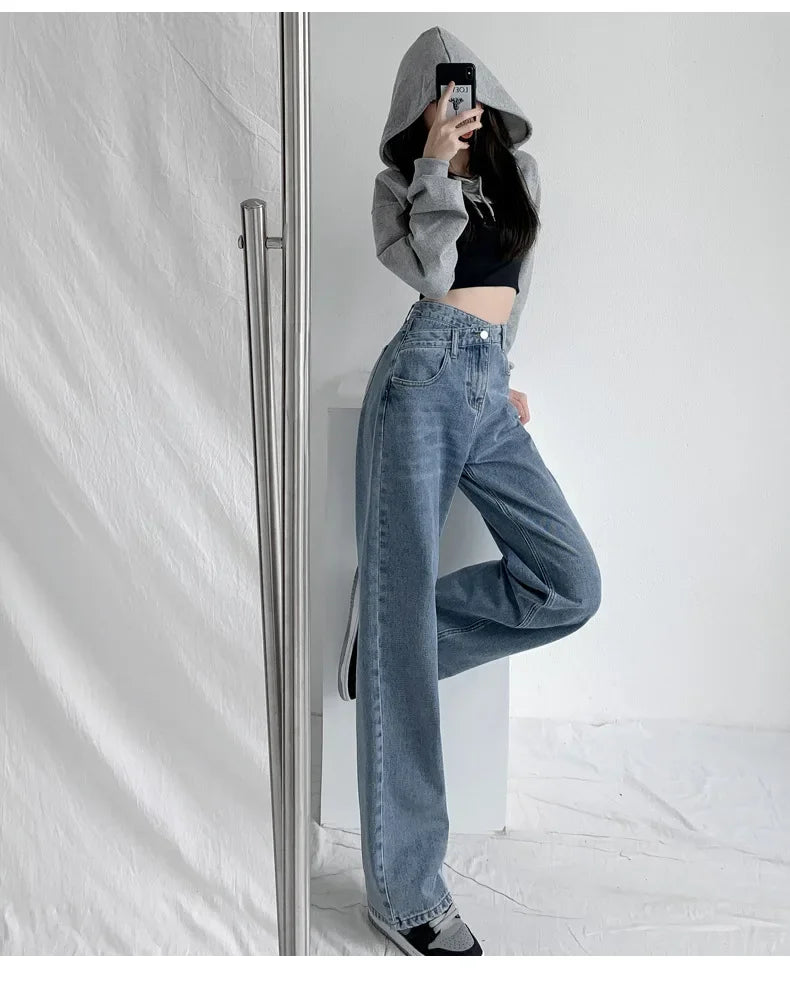 Wide Leg Pants Women Vintage Jeans High Waist Loose Fit Basics Full Length Pockets Button 2025 Casual Denims Straight Trousers