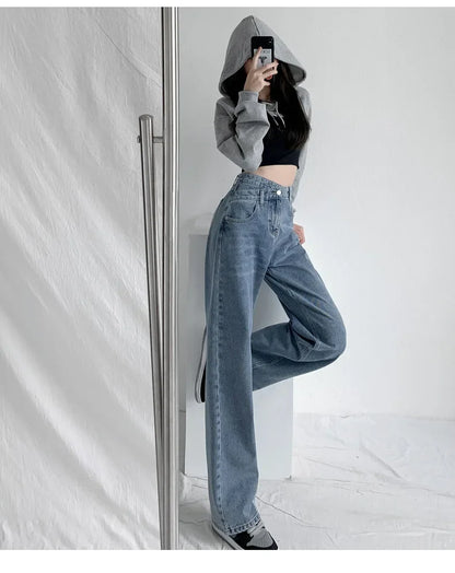 Wide Leg Pants Women Vintage Jeans High Waist Loose Fit Basics Full Length Pockets Button 2025 Casual Denims Straight Trousers