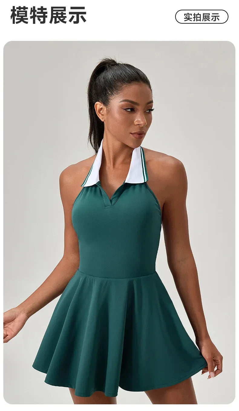 Summer Dress Vest Deep V Hanging Neck Sexy Dress for Women Contrasting Color Lapel Golf Skirt Outdoor Sports Gym Running