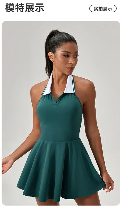 Summer Dress Vest Deep V Hanging Neck Sexy Dress for Women Contrasting Color Lapel Golf Skirt Outdoor Sports Gym Running