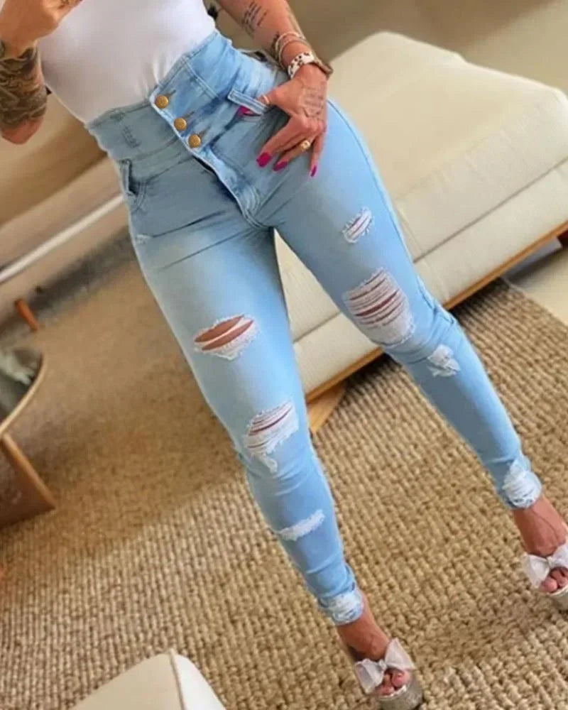 Women Jeans Distressed Denim Pencil Pants Washing Slim Fit Pockets Streetwear Holes Summer Flat Button Fly Slight Strech 2025