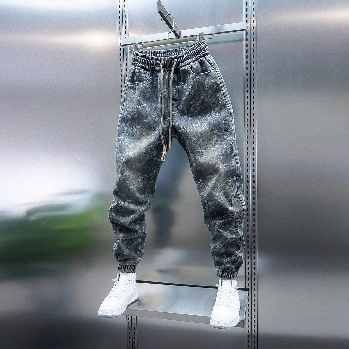 Trendy Men's Spring and Summer New Jeans Light Blue Heavy Industry Jacquard Leggings Thin Designer Luxury Elastic Waist Pants