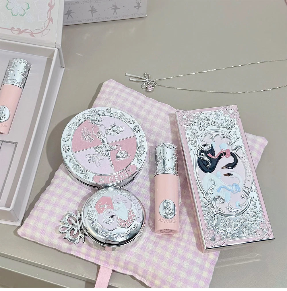 NICEKEY Pink Ballet Makeup Box Include 1*Lip mud,1*Pressed Powder,1*Highlight Powder,1*Eyeshadow Palette Powder With Necklace