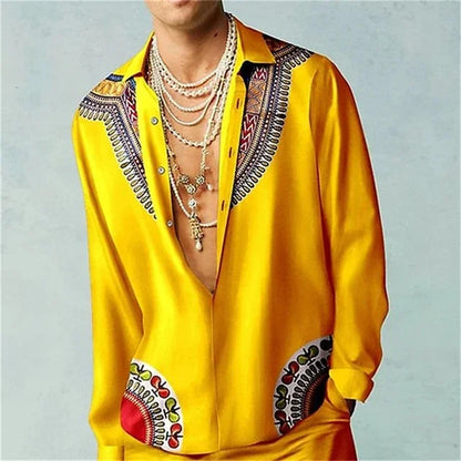 Casual Simple Long Sleeve Shirt Men's Fall Men's Shirt Long Sleeve Men's Ethnic Style Graphic 3d Print Holiday Button Men's Shir
