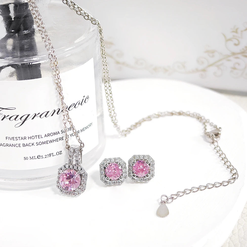 2024 New Trendy Pink Color Earrings and Necklace Pendant Set for Women Anniversary Gift Jewelry Wholesale X1104-E1104