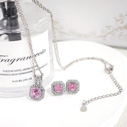 2024 New Trendy Pink Color Earrings and Necklace Pendant Set for Women Anniversary Gift Jewelry Wholesale X1104-E1104