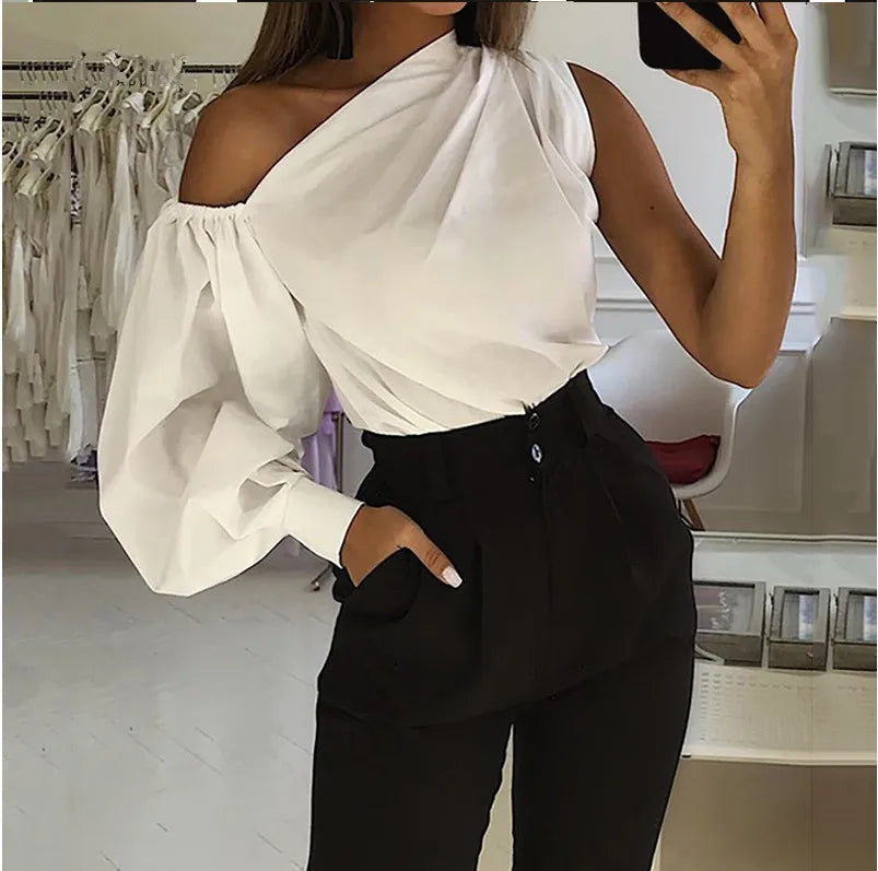 Elegant Blouses Women 2023 Summer Off Shoulder Blusas Female Fashion Lantern Long Sleeve Shirts One Shoulder Tops S-5XL