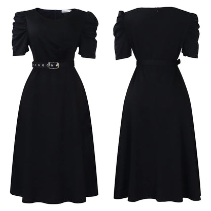 Elegant Party Dresses for Women V Neck Short Sleeve Belt Waisted Pleated Mid Calf Luxury Birthday Dinner Vestidos Mujer Dress OL