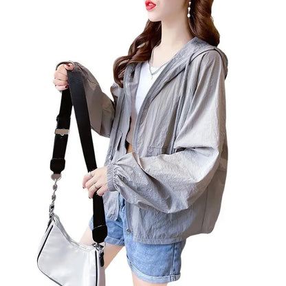 （Summer4）Women Sun Protection Clothing UV Protection Summer Loose Fit Hooded Zippered Thin And Casual
