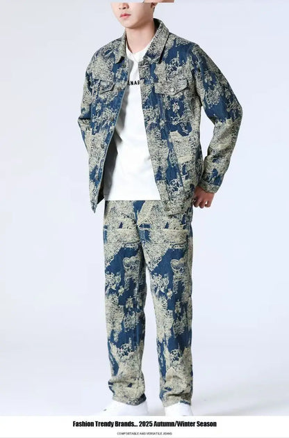 High Street Denim Sets Men's Jacquard Ragged Loose Casual Retro Washed Denim Shirt Style Jacket Jeans Pants
