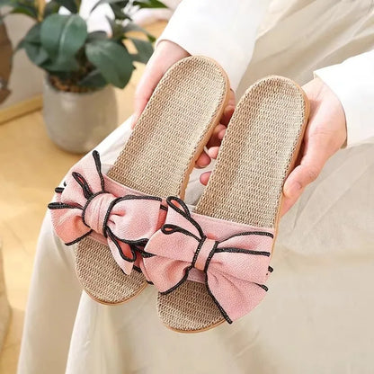 Women Summer Casual Slides Comfortable Flax Slippers Striped Bow Linen Flip Flops Platform Sandals Ladies Indoor Shoes  slippers