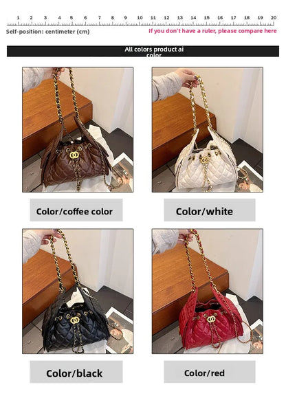 Quilted shoulder underarm bag, large-capacity hobo bag, bucket drawstring chain crossbody bag, women's handbag