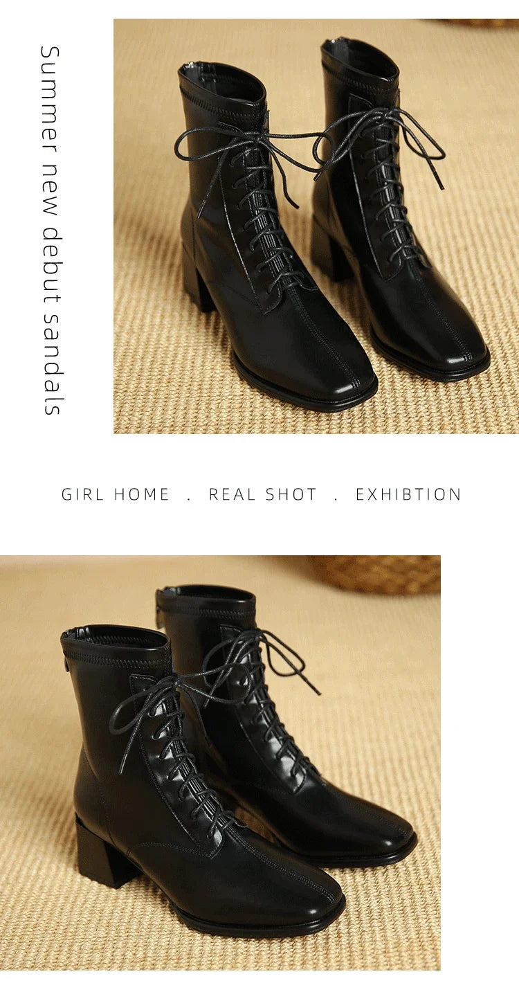 Winter High Heel Women's Ankle Boots  Fashion Lace Up Short Boots Women's Thick High Heel Side Zipper Botas De Mujer 2024