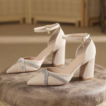 Size 30-44 Chunky Heel Hollow Point Toe High Heels Women Shoes Solid Color Ankle Strap Rhinestone Black Heels