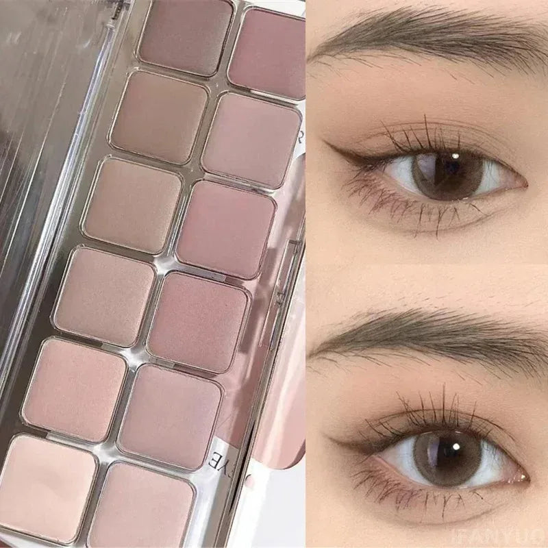 12-color low-saturation earthy pink-purple eyeshadow palette | Matte, pearlescent, and glitter textures | High color payoff