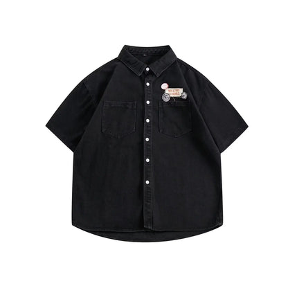 Harajuku Tooling Mens Sets 2024 Summer American Street Retro Denim Suit Hip Hop Printed Cowboy Shirt+Wide Leg Jeans 2-pcs New