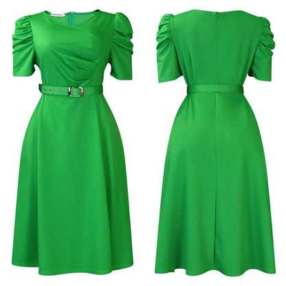 Elegant Party Dresses for Women V Neck Short Sleeve Belt Waisted Pleated Mid Calf Luxury Birthday Dinner Vestidos Mujer Dress OL