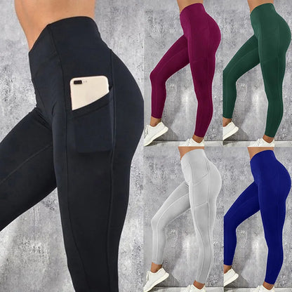 2025 Women's Pants Fashion Solid Color Yoga Running Sports Fitness Pants Side Phone Pockets High Elasticity Sports Yoga Pants