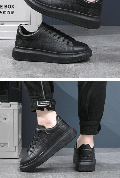 2026 Men's Casual Shoes Spring and Autumn Flat-soled Casual Leather Shoes Sports Shoes Black and White Men's Thick-soled Shoes