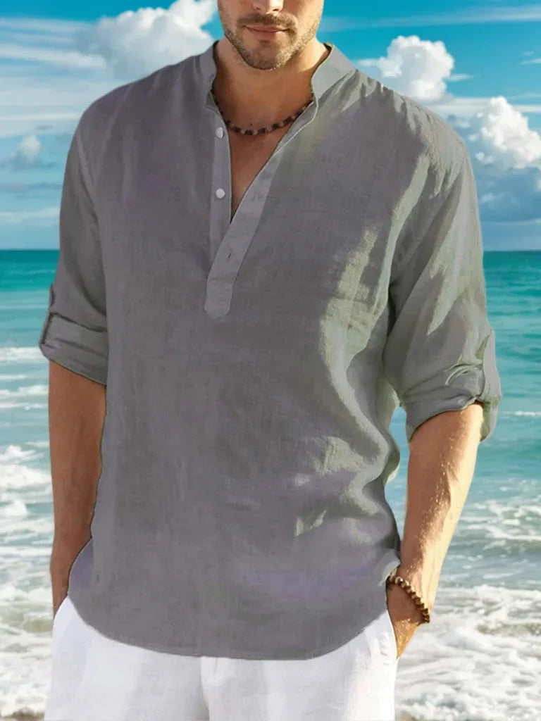 Men'sshirt Classic Casual Stand-up Collar Long-sleeved V-neck Shirt Sleeve Split-sleeved Light Breathable Beach Vacation T-shirt