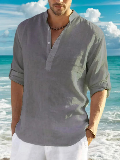 Men'sshirt Classic Casual Stand-up Collar Long-sleeved V-neck Shirt Sleeve Split-sleeved Light Breathable Beach Vacation T-shirt