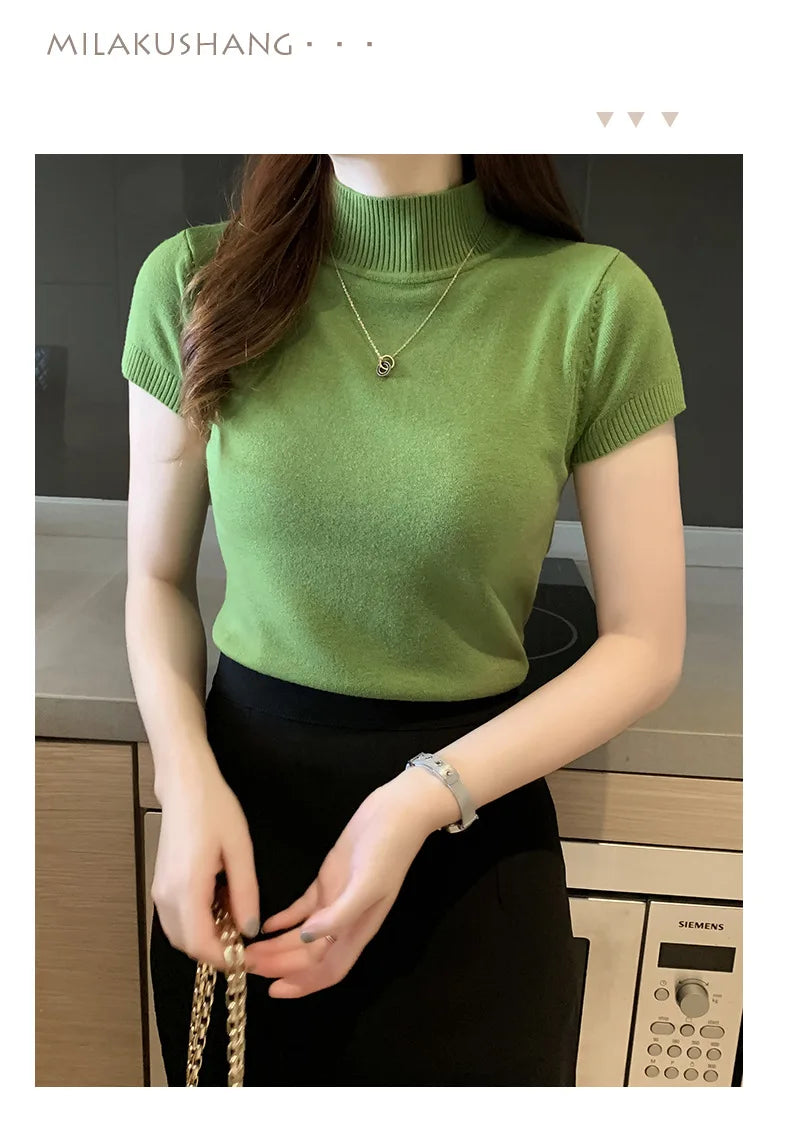 2024 Blusas Mujer De Moda Spring Summer New Solid Slim Turtleneck Blouse Women Clothing Korean Knitted Women Casual