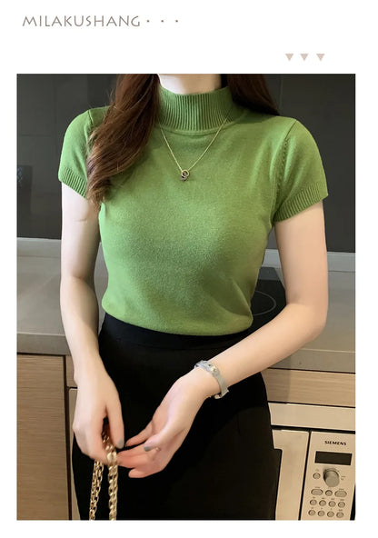 2024 Blusas Mujer De Moda Spring Summer New Solid Slim Turtleneck Blouse Women Clothing Korean Knitted Women Casual