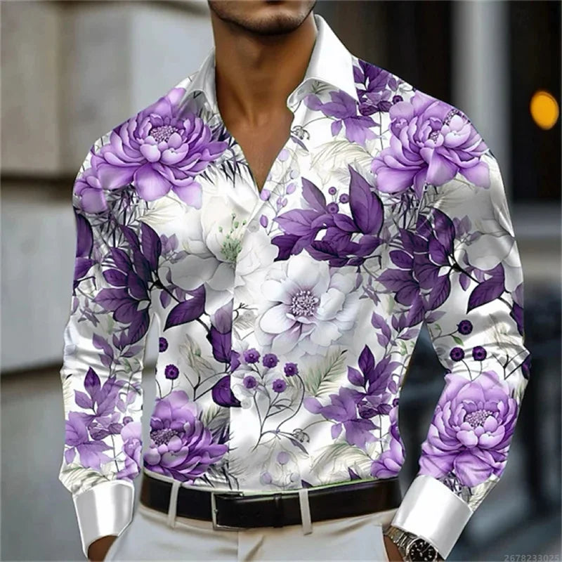 Men's shirt abstract liquid art 3D print shirt, spring and autumn lapel long-sleeved shirt, fashionable casual men's top