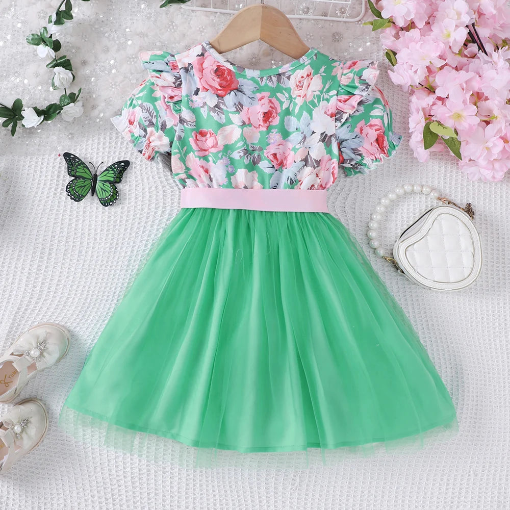 New girls' summer style bubble sleeve flower printed mesh dress