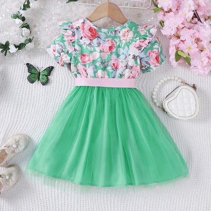 New girls' summer style bubble sleeve flower printed mesh dress