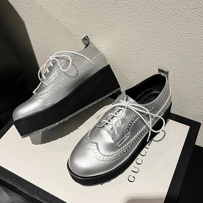 Ochanmeb Big Size 48 Women Patent Leather Brogues High Heels Derby Shoes Platforms Laser Cutout Oxfords Fashion Ladies Pumps Red