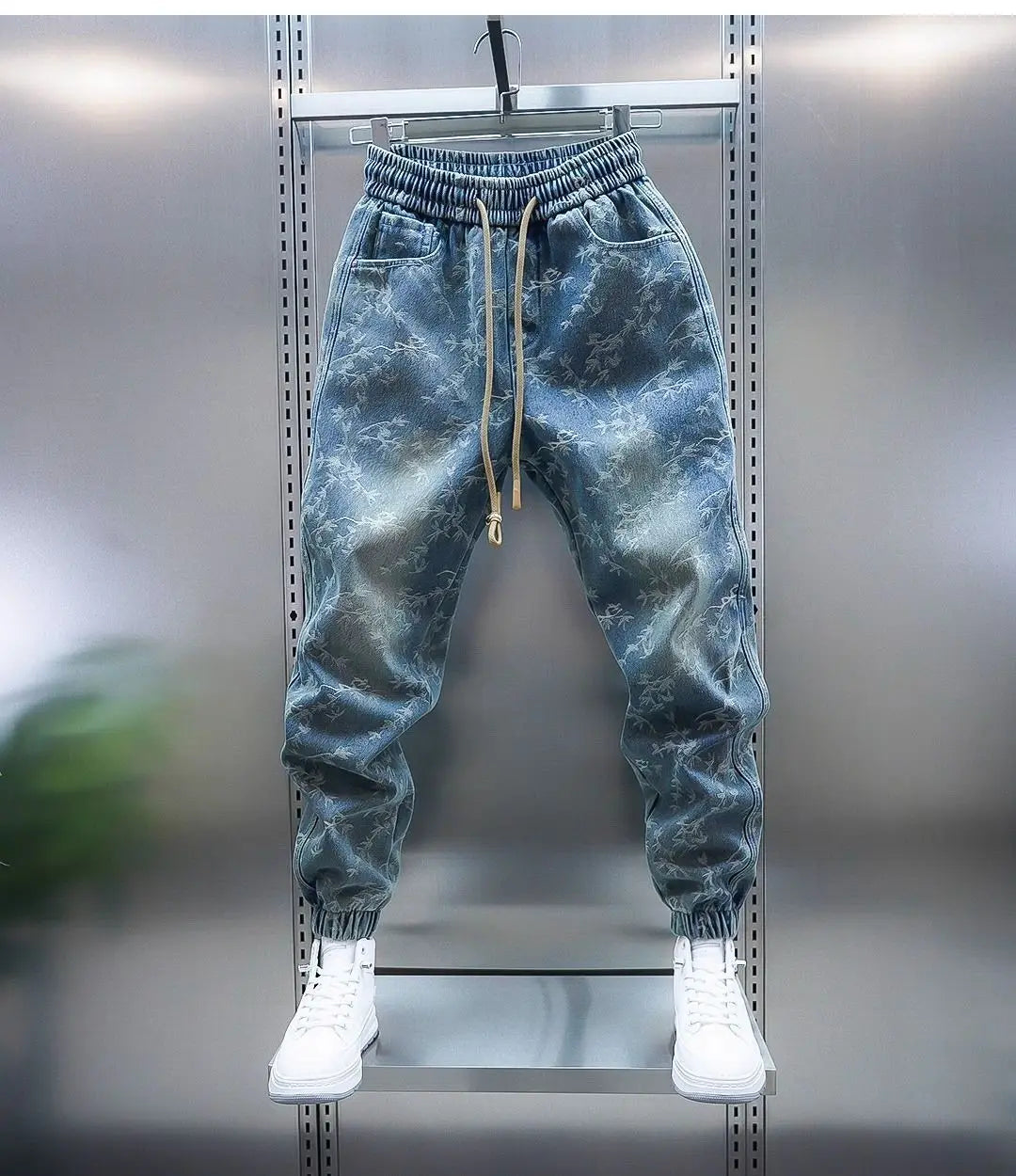 Trendy Men's Spring and Summer New Jeans Light Blue Heavy Industry Jacquard Leggings Thin Designer Luxury Elastic Waist Pants