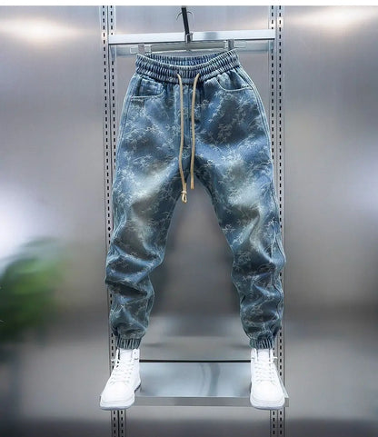 Trendy Men's Spring and Summer New Jeans Light Blue Heavy Industry Jacquard Leggings Thin Designer Luxury Elastic Waist Pants