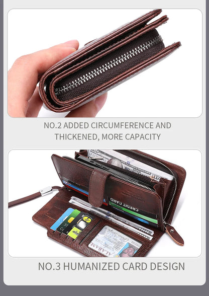BULLCAPTAIN Men Long Wallet Clutch Bag Credit Card Holder Purses Carteras Billetera Hombre Leather Money Portfe Carte