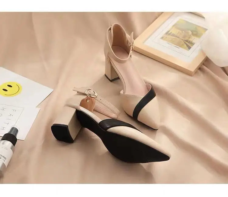 Women's Classic Beige Square Heel Pointed Shoes for Party Ladies Spring Summer Black Buckle PU Leather Profession Pumps
