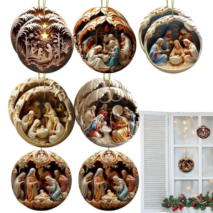 Christmas Nativity Ornament Christmas 2D Wooden Nativity Scene Pendant Christmas Tree Decor 2025 Xmas Navidad Party Supplies