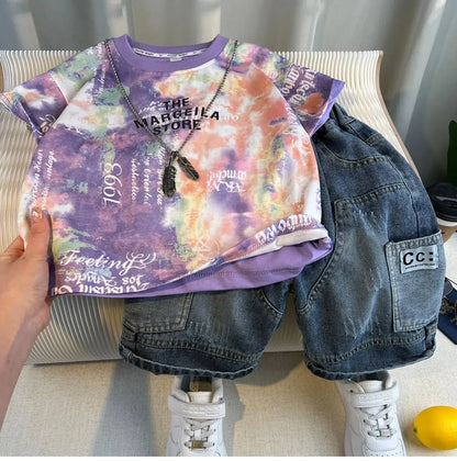 Hot Sale Fashion Baby Boy Suit Summer Clothes Short Sleeve T-shirt Short Jeans 2 Piece Set Kids Outfit 2-11Y Children's Costume