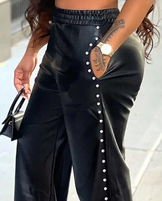 Women's Trousers Fashion Casual Commuting Solid Color Beaded Decoration High Waist Loose Wide Leg Slit Pocket PU Leather Pants