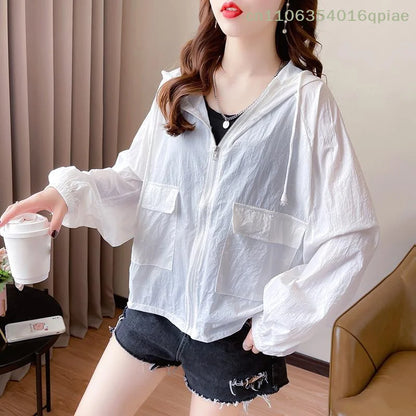 （Summer4）Women Sun Protection Clothing UV Protection Summer Loose Fit Hooded Zippered Thin And Casual