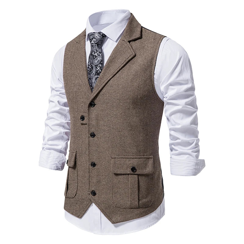 New Men's Retro Lapel Vest Herringbone Coarse Tweed Pockets Suit Vest British Casual Vintage Gentleman Leisure Party Bar Banquet