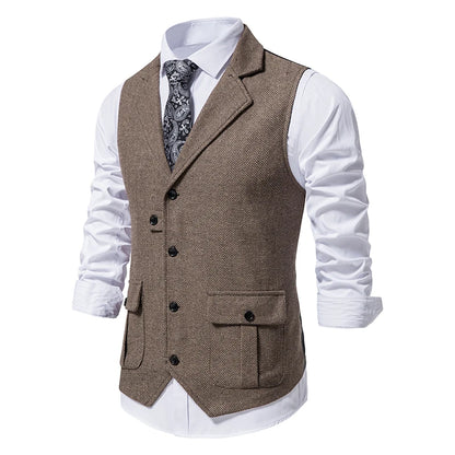New Men's Retro Lapel Vest Herringbone Coarse Tweed Pockets Suit Vest British Casual Vintage Gentleman Leisure Party Bar Banquet