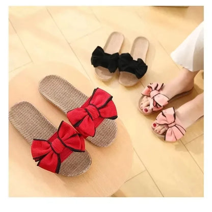 Women Summer Casual Slides Comfortable Flax Slippers Striped Bow Linen Flip Flops Platform Sandals Ladies Indoor Shoes  slippers