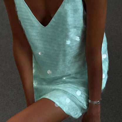 Casual Sequined Loose Sling Short Dress Women Sleeveless Backless Shinny Party Mini Dresses Female 2026 Summer Autumn Lady Robes