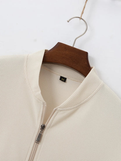 Men's Spring Casual Blazer Set Waffle Baseball Suit round Neck Zipper Long Sleeve Two-Piece Fashion Outfit with Pocket
